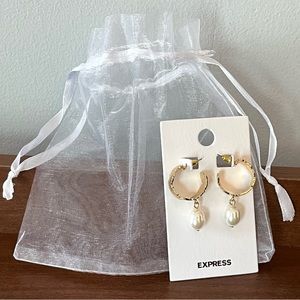 Express Hammered Gold Hoop Earrings with Pearl Accents New